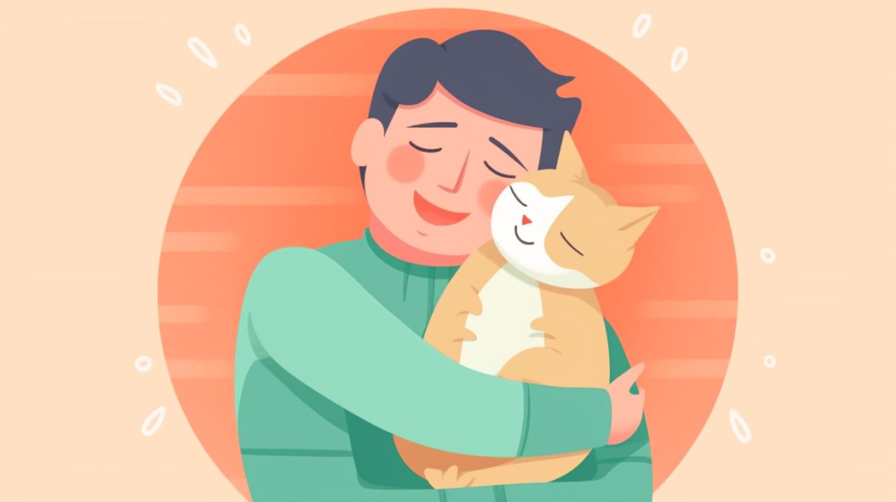 Een blije katteneigenaar die zijn teruggevonden kat knuffelt