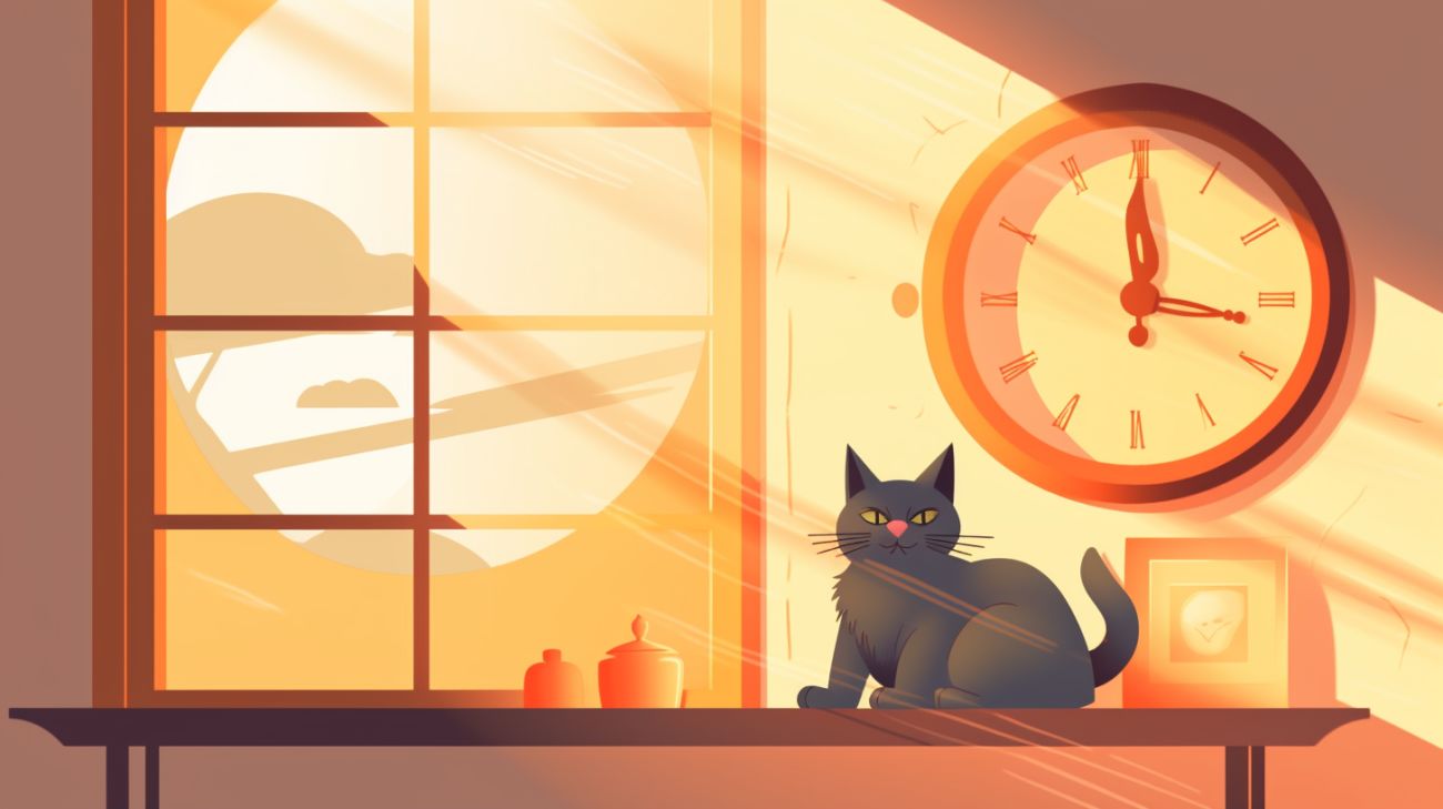 Un chat assis dans une fenêtre ensoleillée, illustrant le rôle de l'horloge interne dans les routines quotidiennes