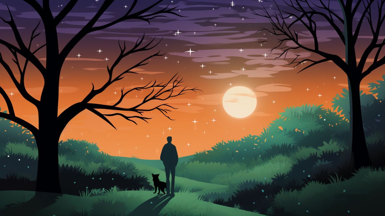 A dog owner stood with his dog in the woods at night with stars above them