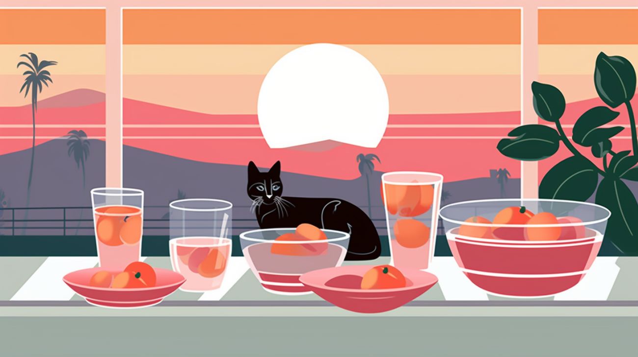 A cat standing next to bowls of food