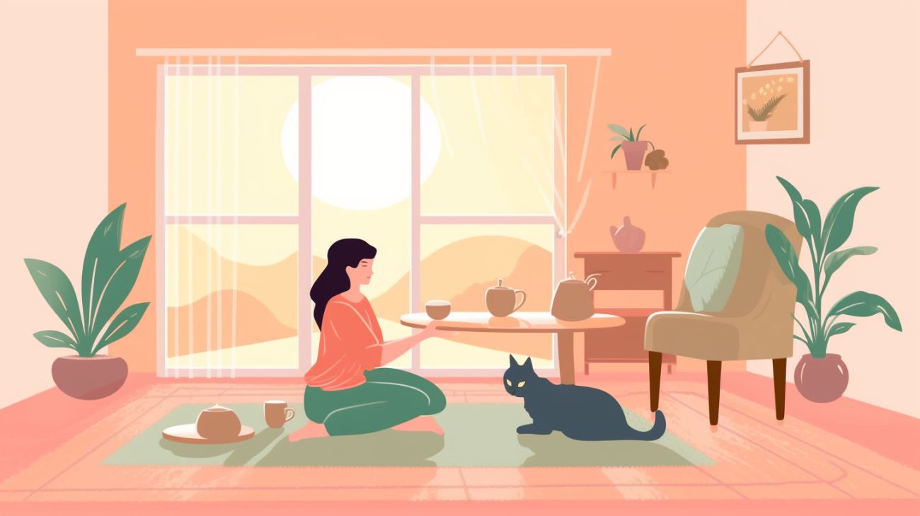 Cat owner practicing mindfulness and staying positive