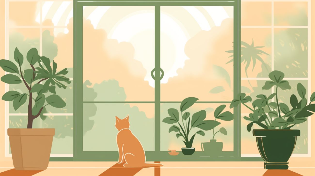 Binnenkat zit bij een raam, in contrast met een buitenkat die de tuin verkent