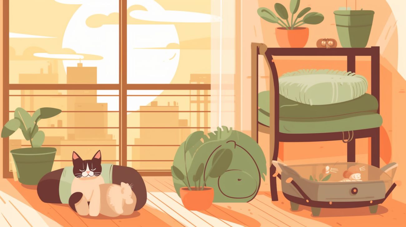Afbeelding van het beddengoed en speeltjes van een kat buiten een huis