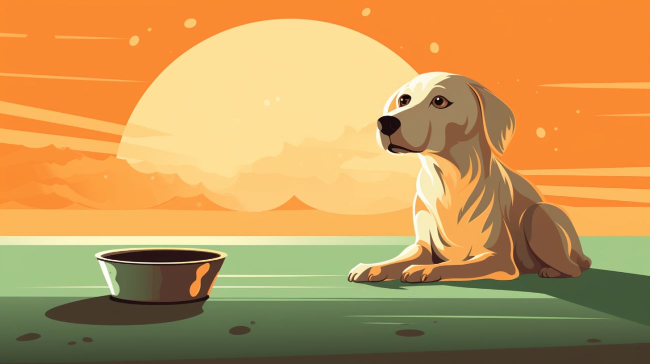 A dog sat next to a food bowl
