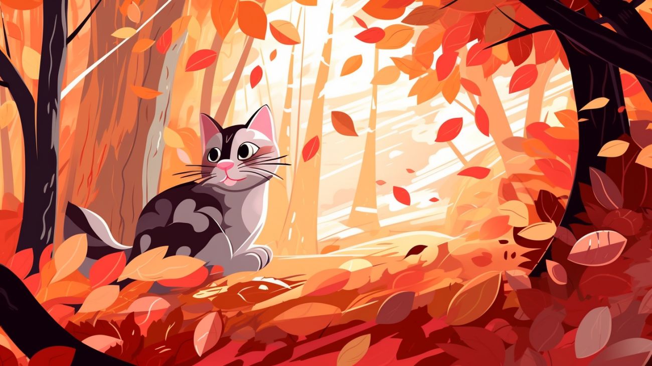 A cat camouflaged among autumn leaves