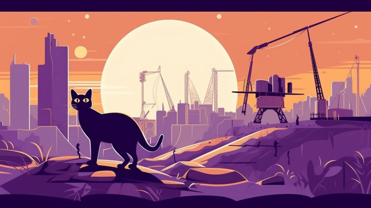 Een kat die verward kijkt op een bouwplaats
