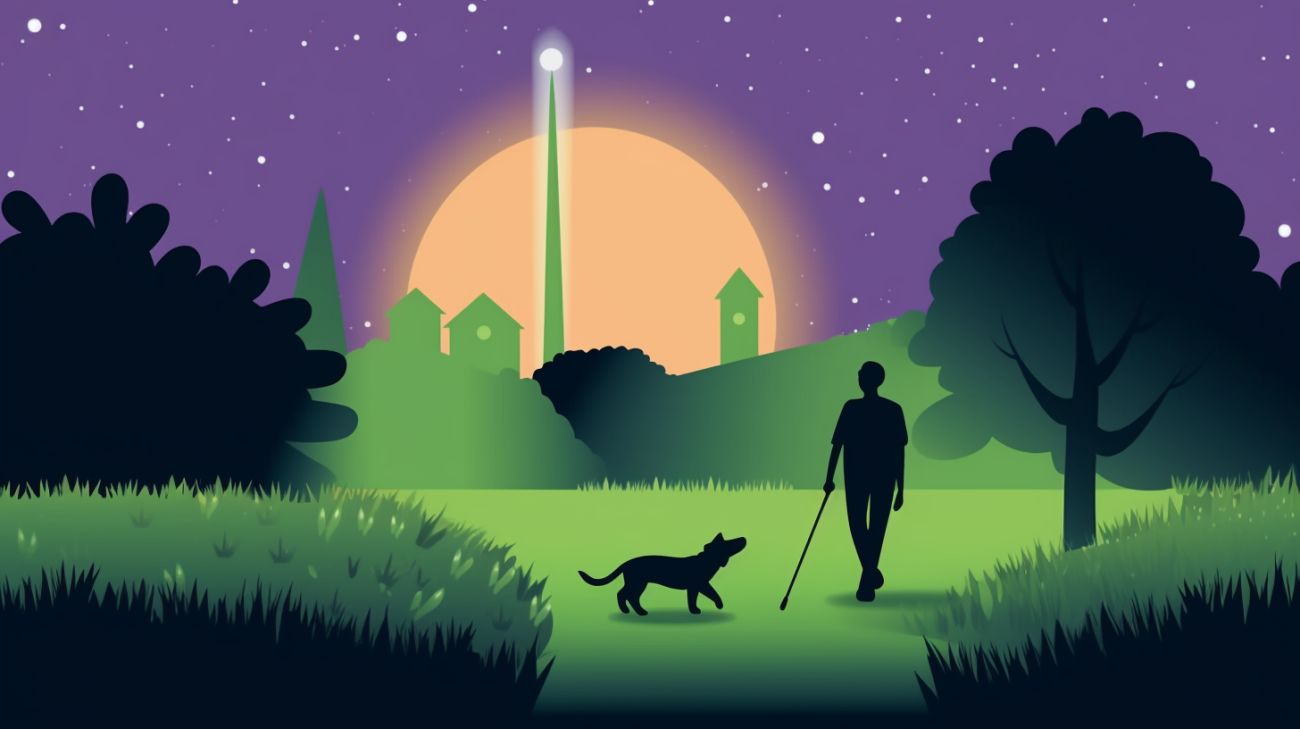 Searching for a lost cat with a flashlight in the neighborhood