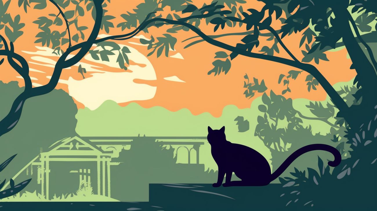 Een zieke kat die zich onder een struik verstopt