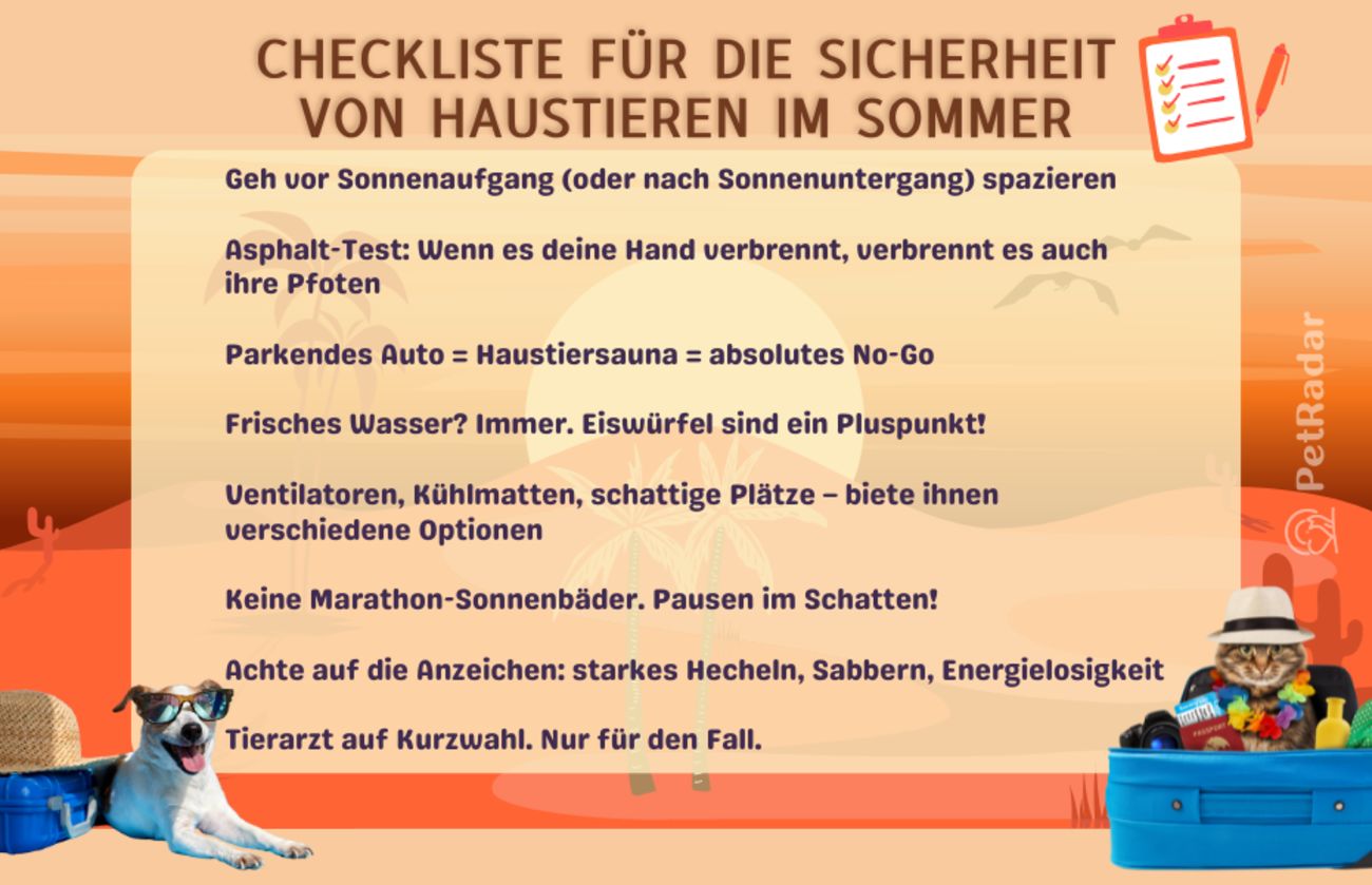 Lustige illustrierte Checkliste für die Sicherheit von Haustieren im Sommer, mit einem Hund mit Sonnenbrille und einer Katze in einem Hawaiihemd. Enthält Tipps zum Schutz vor Hitze