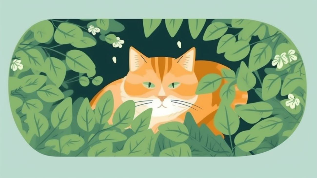 Een verdwaalde kat die schuilt onder een struik