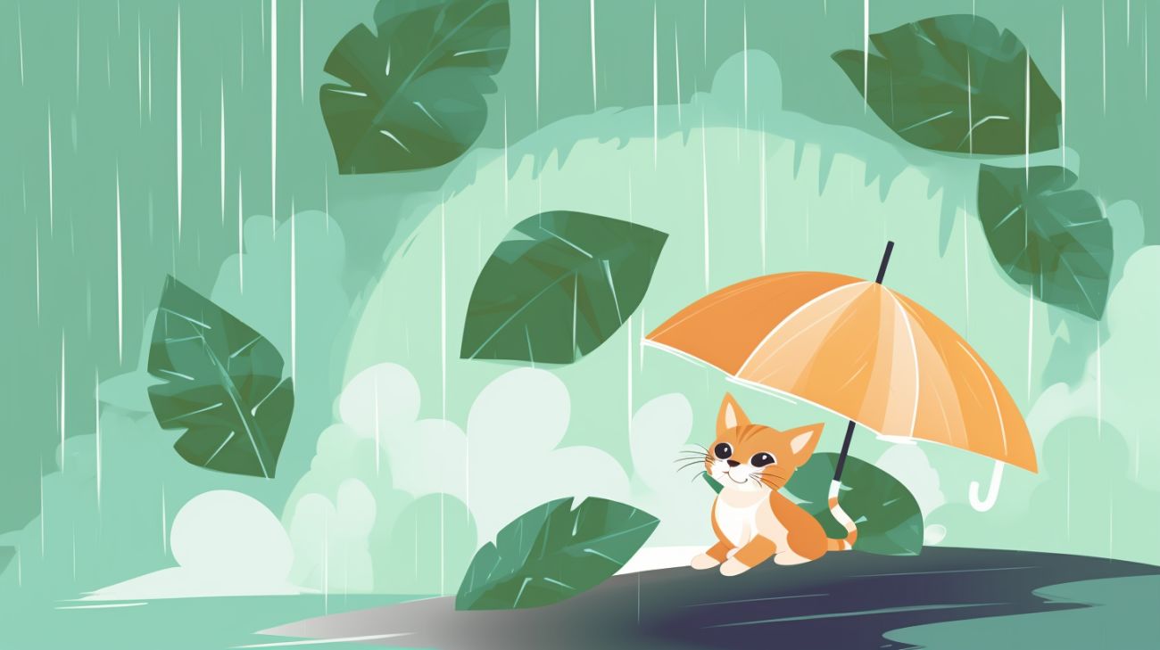 Un chat d'intérieur disparu se cache sous la pluie, sous un parapluie.