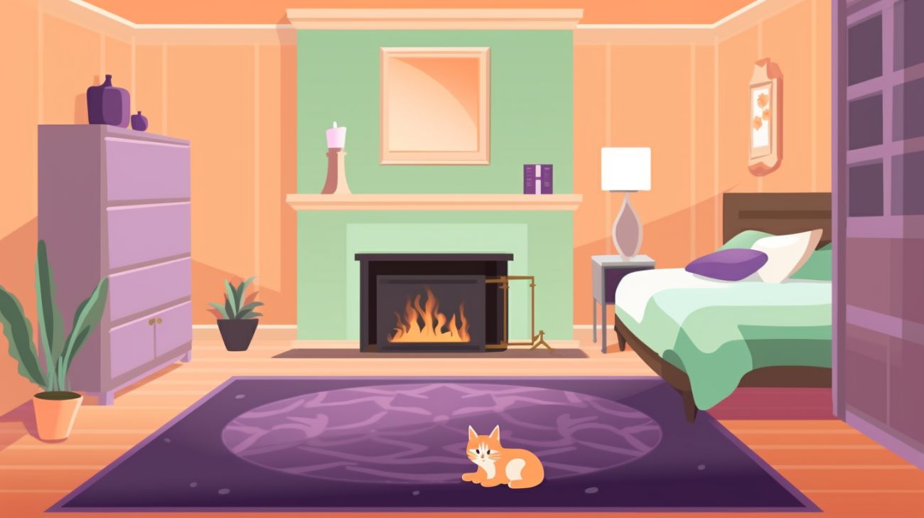 Small orange cat sitting on a rug in front of a fire