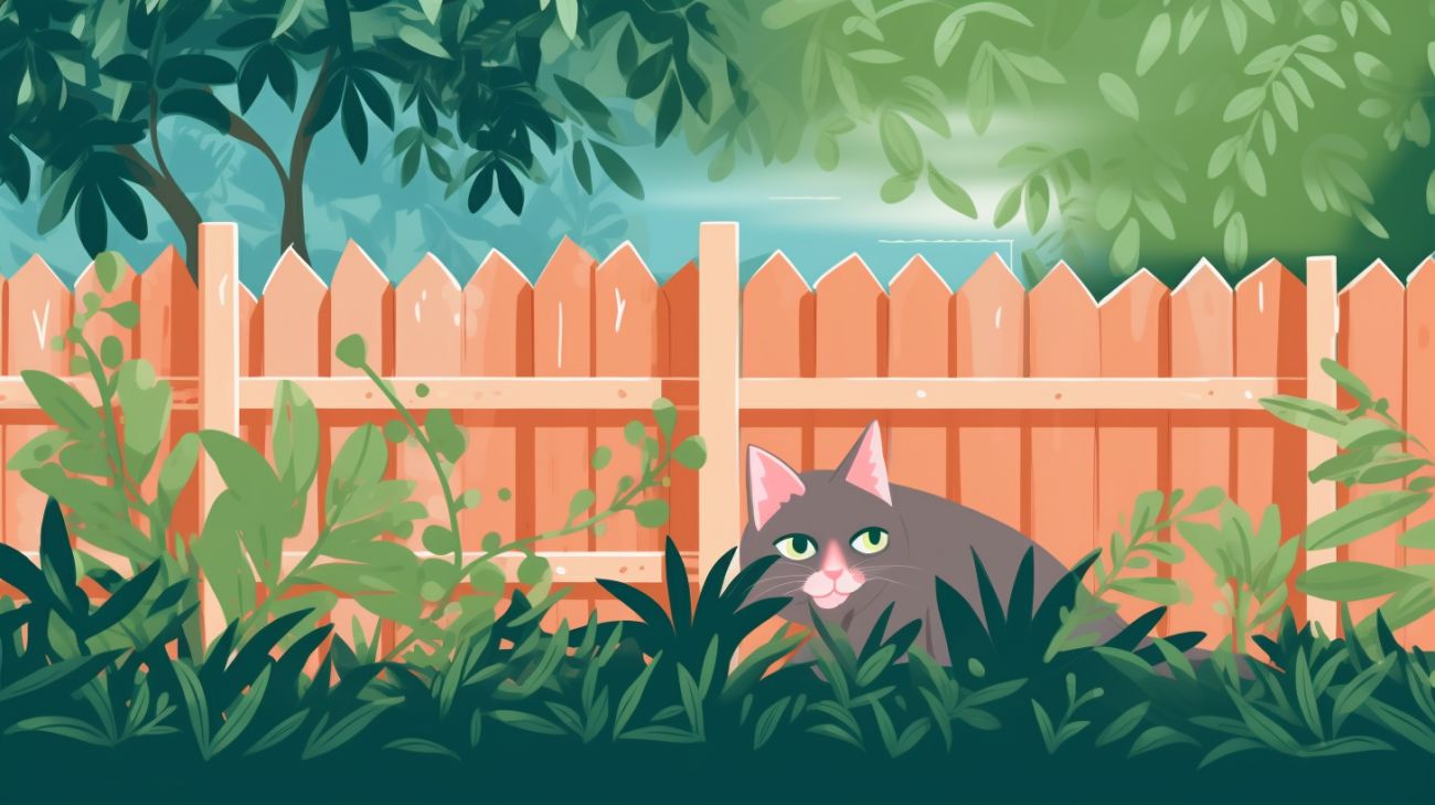 A timid cat hiding under a bush and a curious cat sniffing around a fence