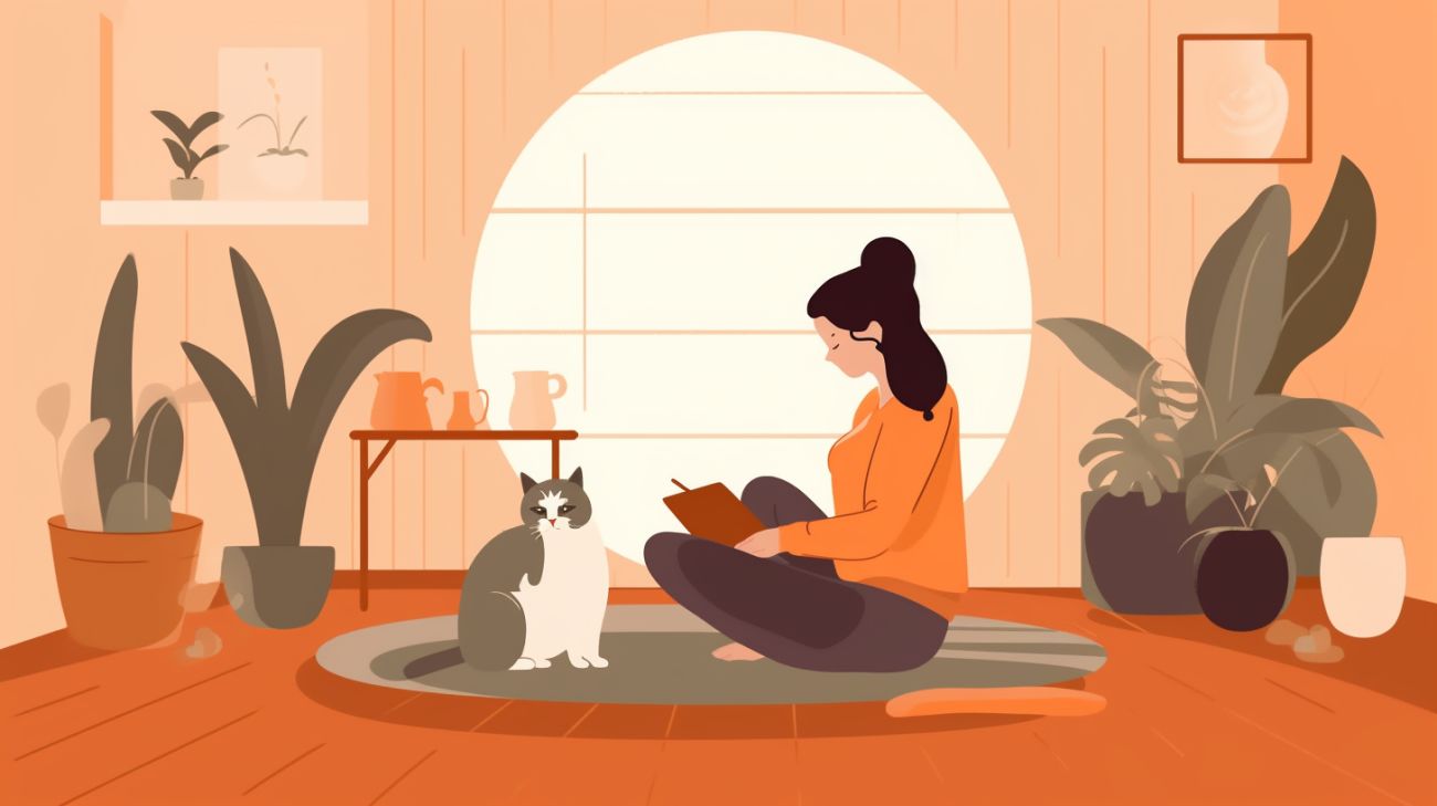 Cat owner sat on the floor with their cat trying to communicate with them