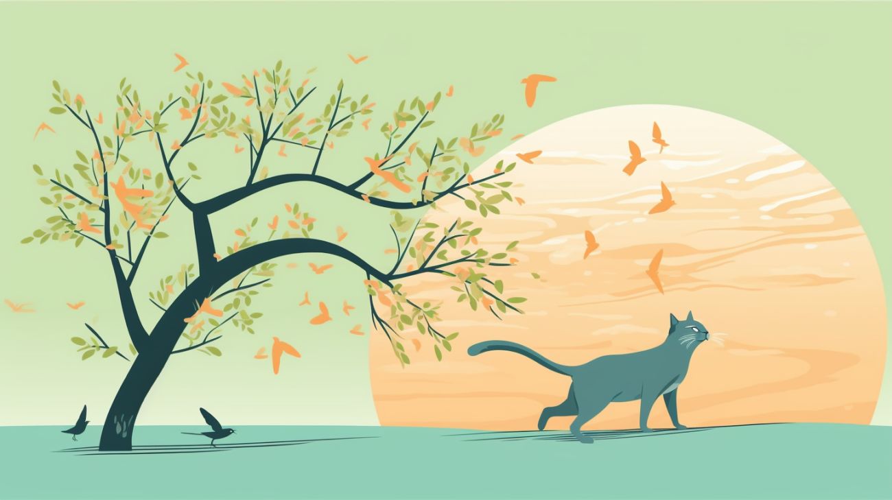Een verloren kat die op een vogel jaagt voor voedsel
