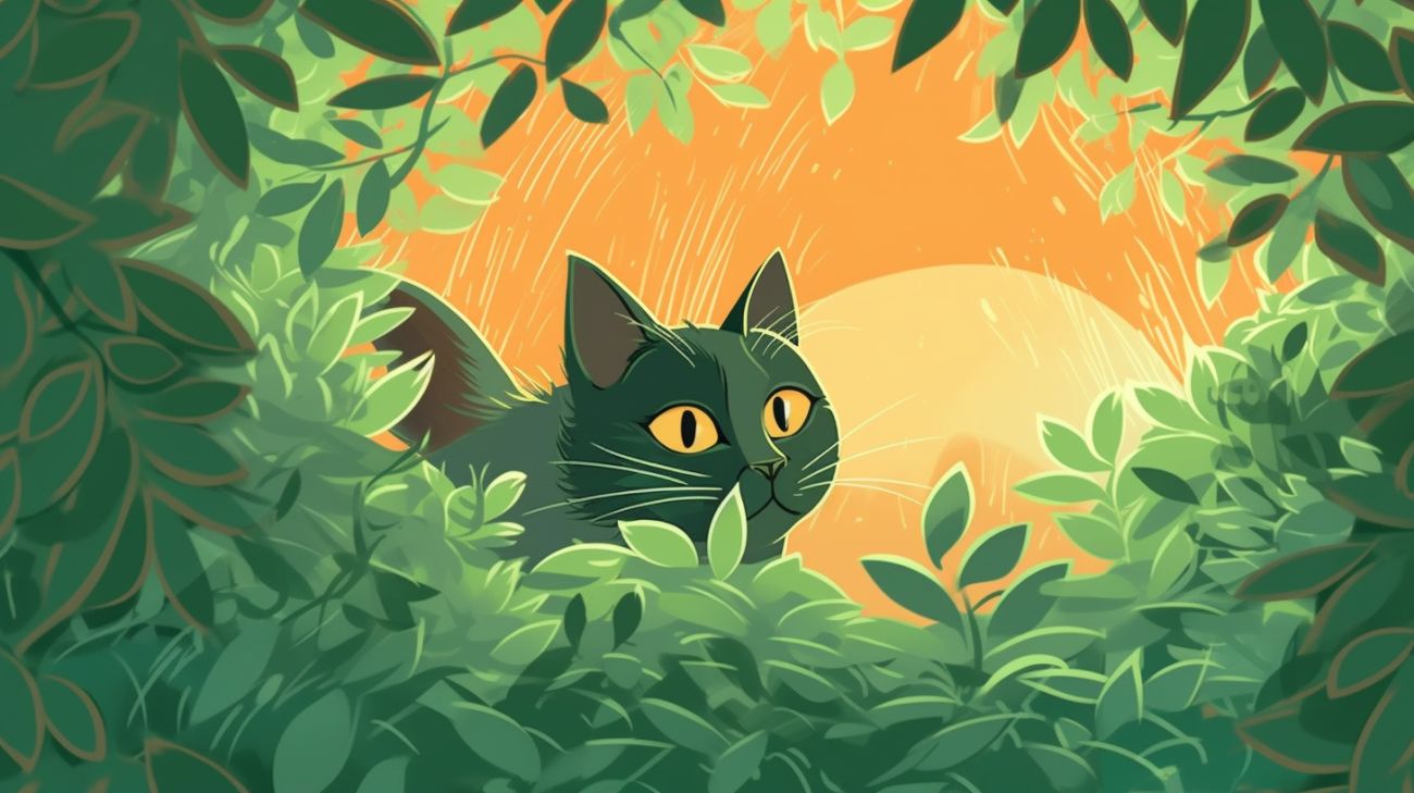 Eine verlorene Katze, die sich in den Büschen eines Gartens versteckt