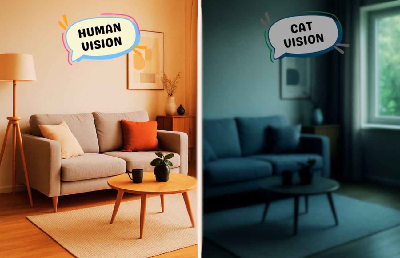 Side-by-side comparison of a living room from human vision and simulated cat vision, showing differences in color and perception