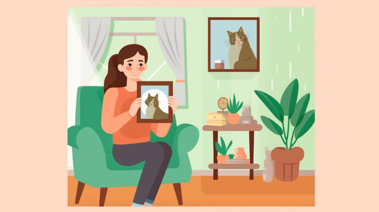 A cat owner holding up a framed photo of a cat