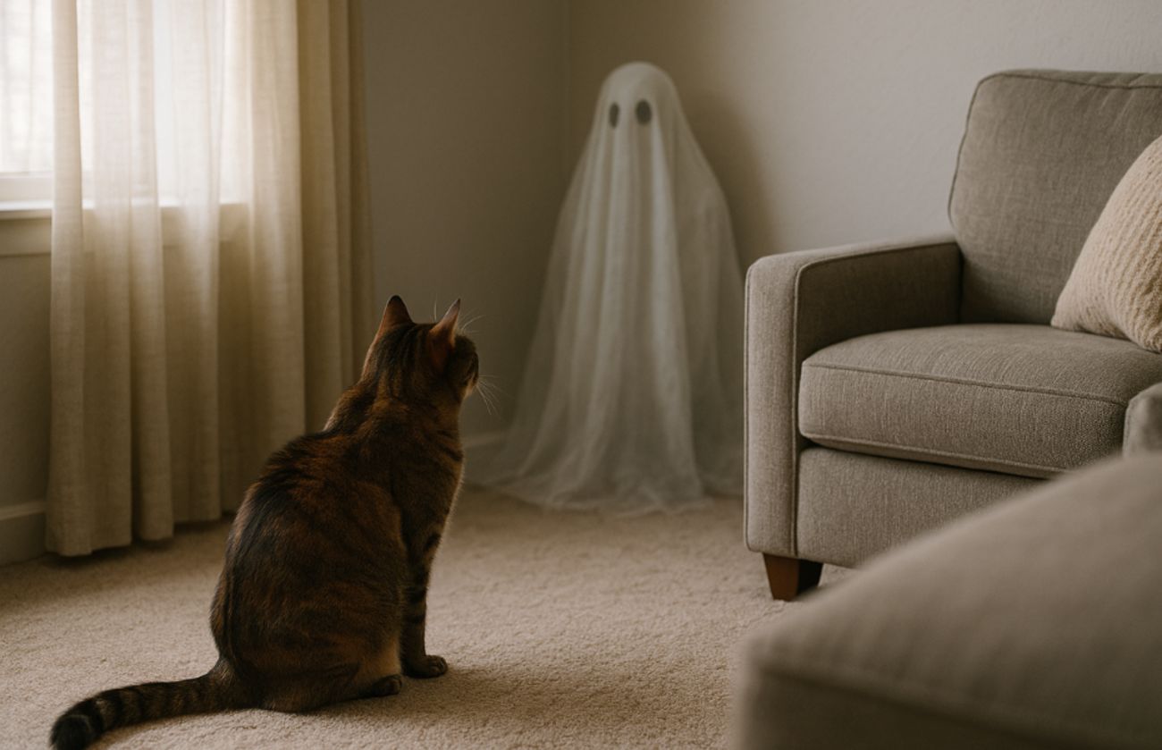 Brown tabby cat staring into the corner of a room at a ghost-shaped figure draped in a white sheet, representing myth about cats seeing spirits