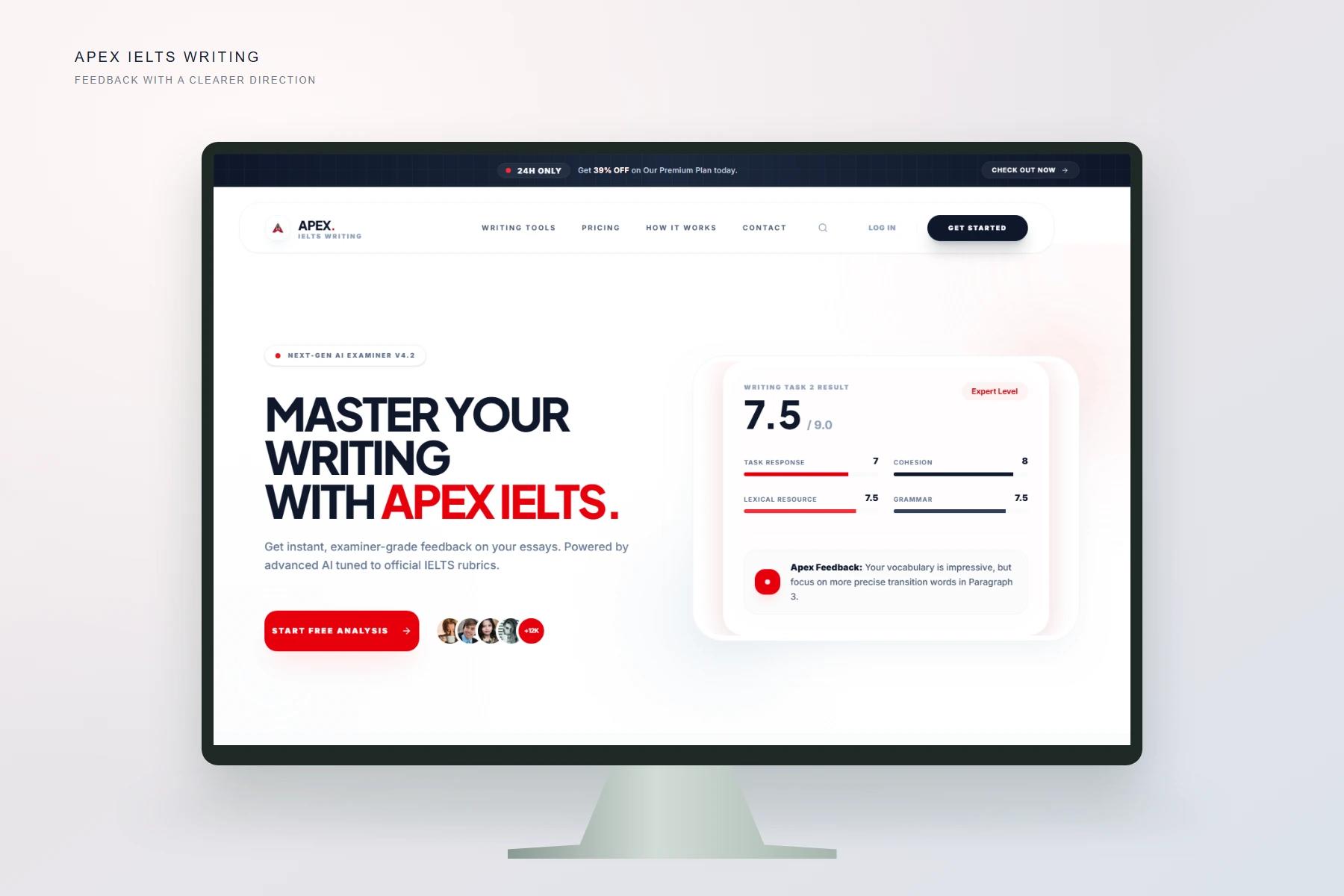 Apex IELTS Writing homepage in a desktop monitor mockup