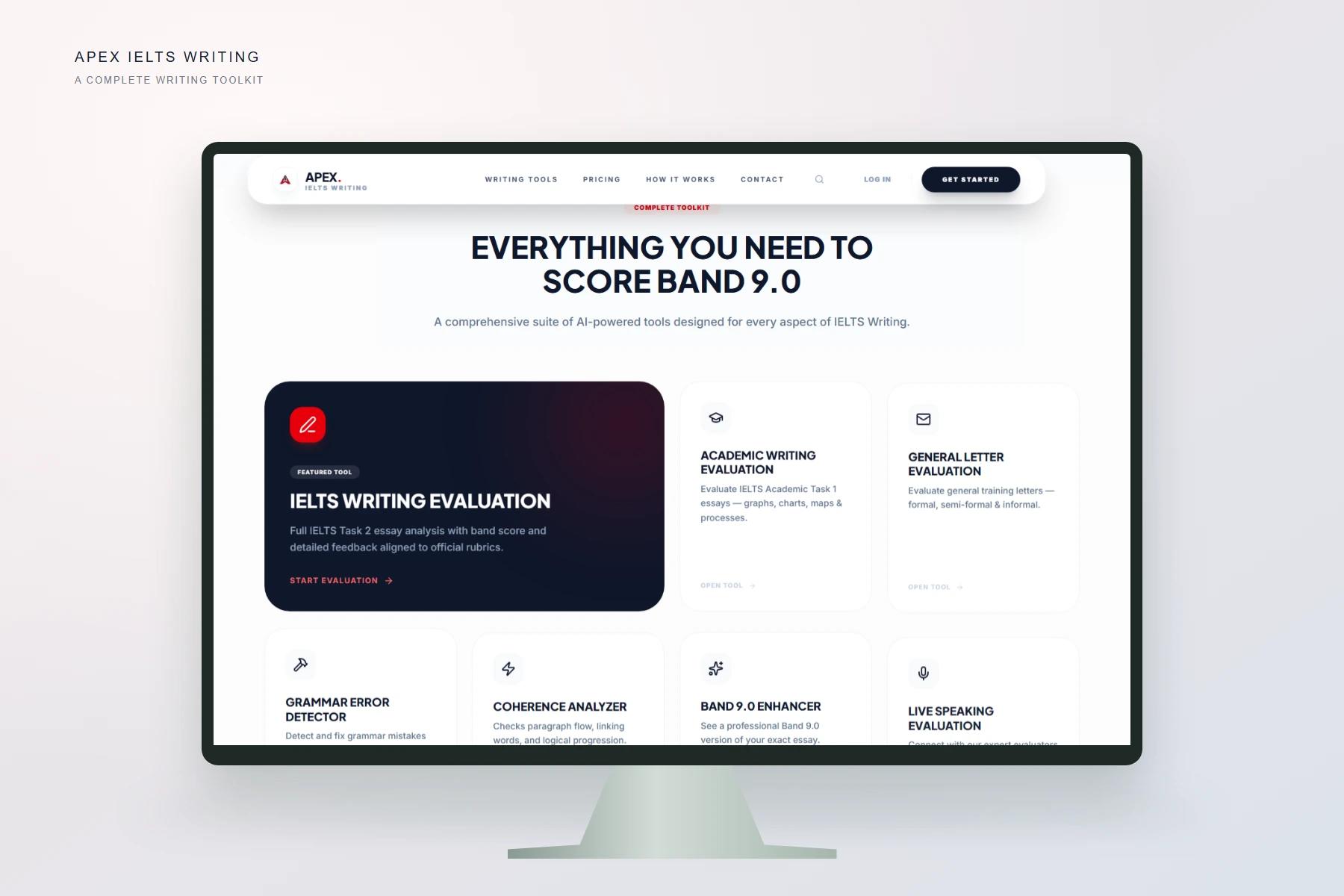 Apex IELTS Writing evaluation tools in a monitor mockup