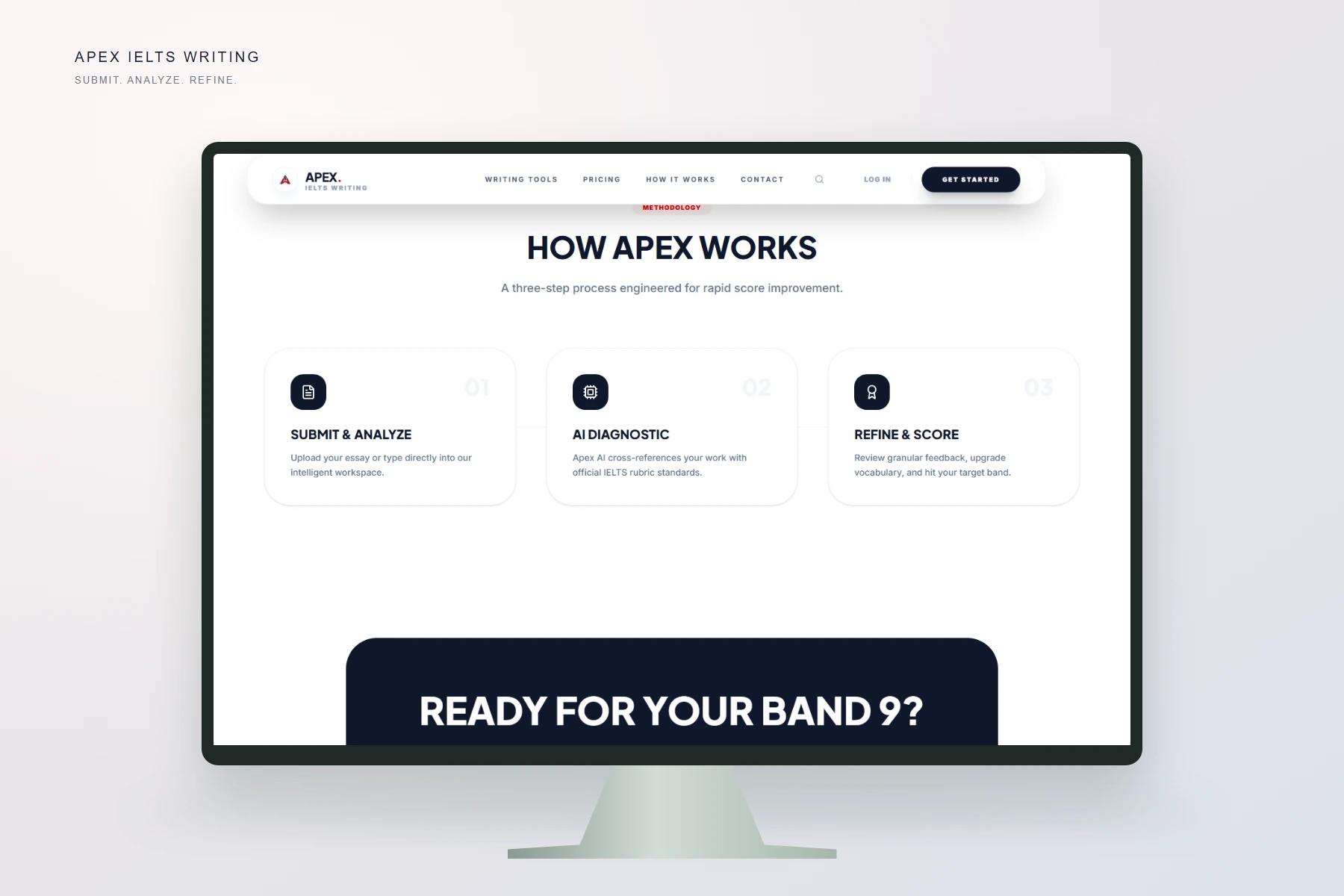 Apex IELTS Writing learning process in a monitor mockup
