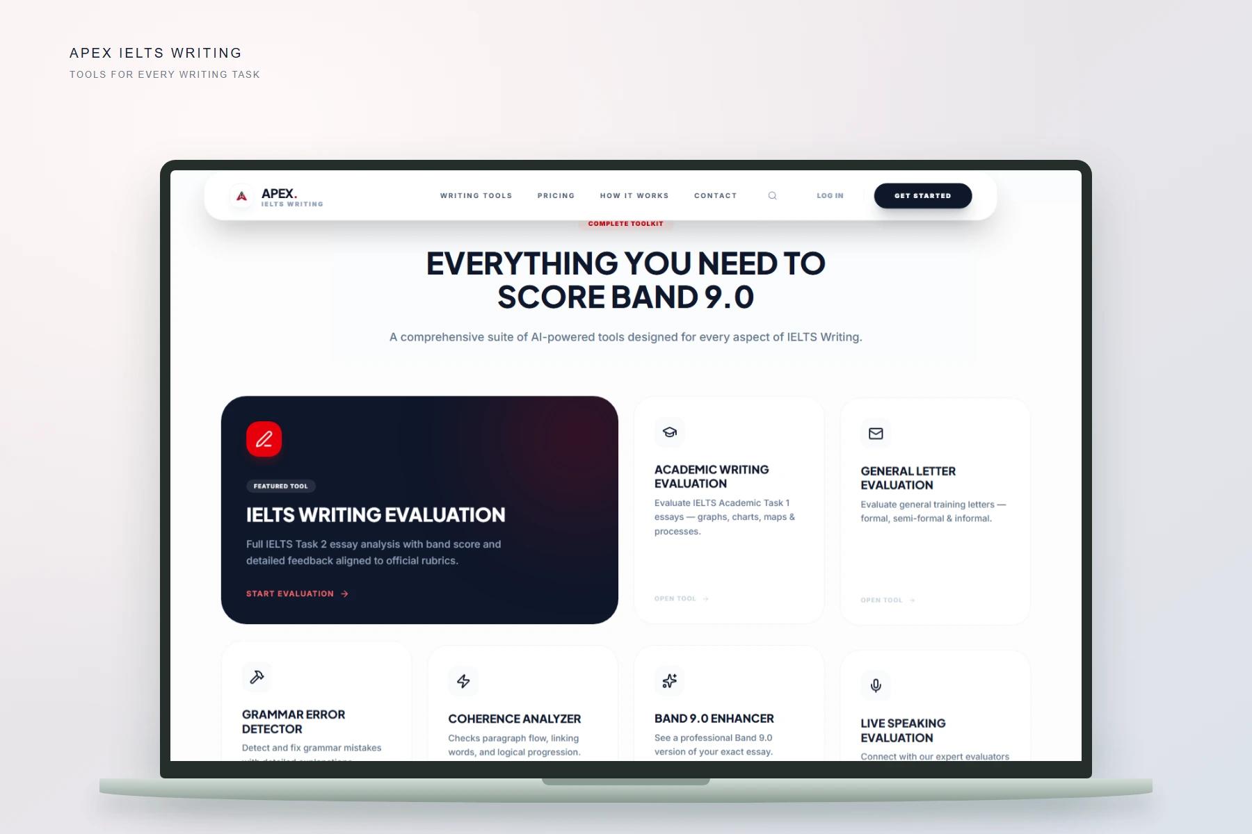 Apex IELTS Writing toolkit in a laptop mockup
