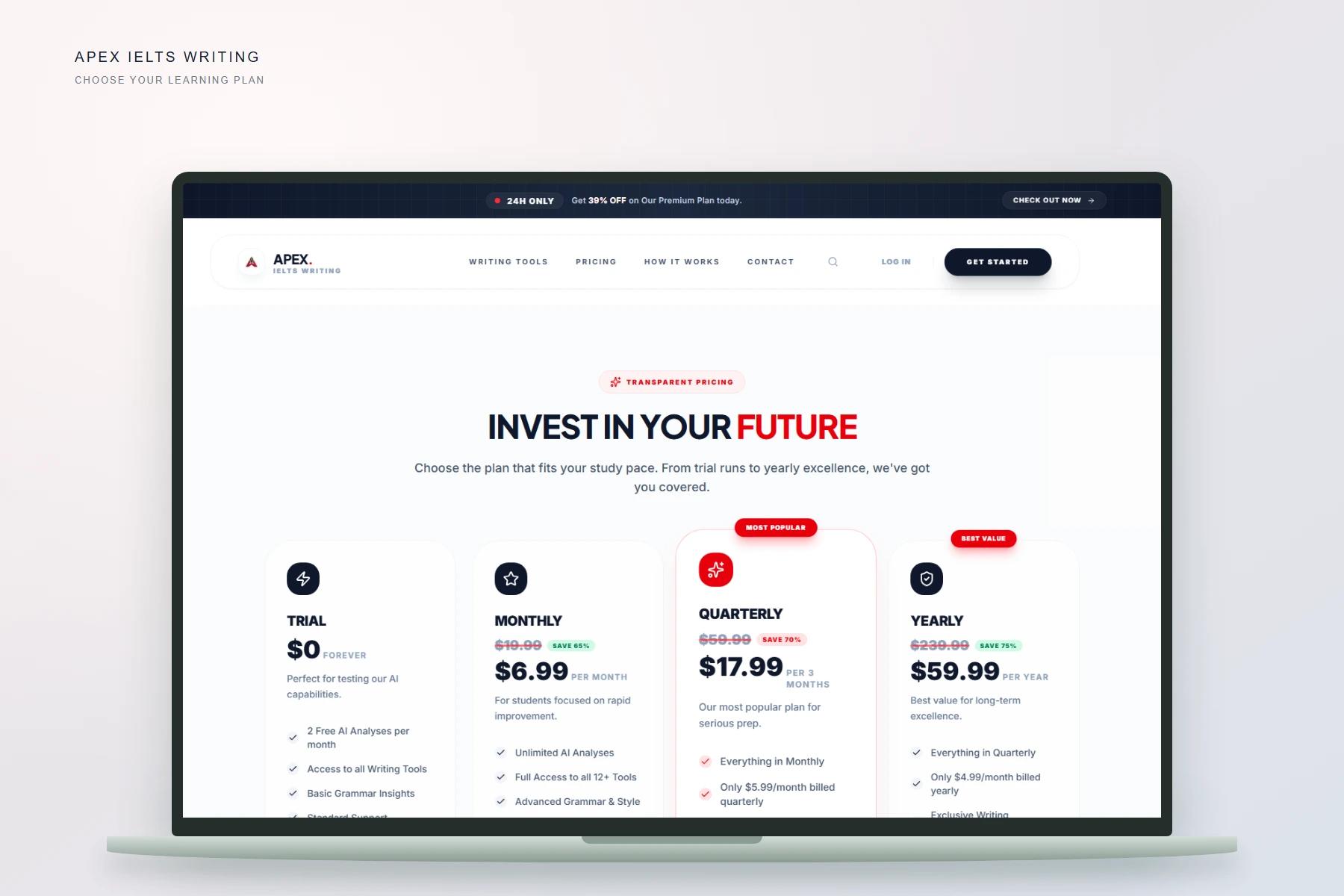 Apex IELTS Writing pricing plans in a laptop mockup