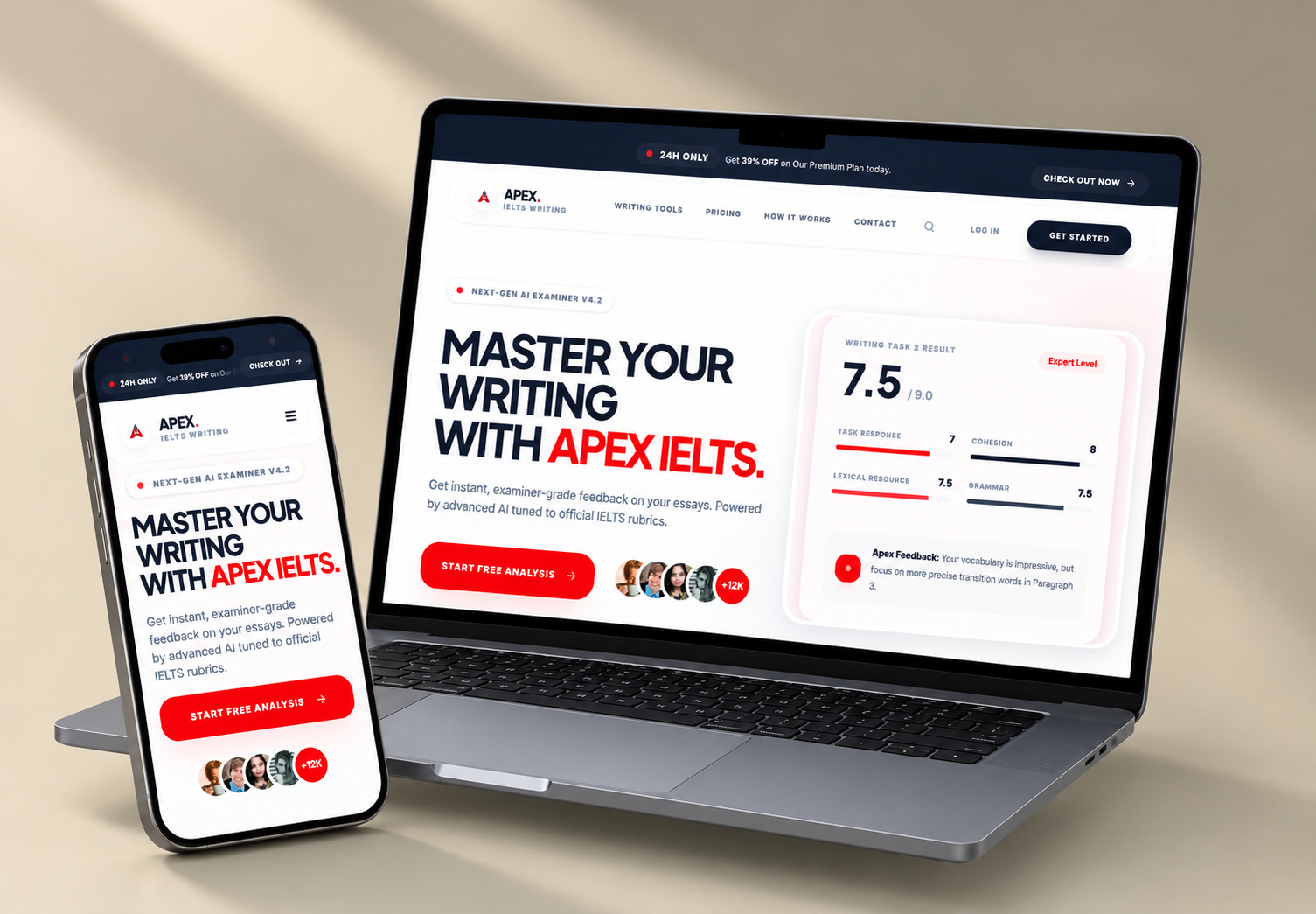 Apex IELTS Writing website in device mockups