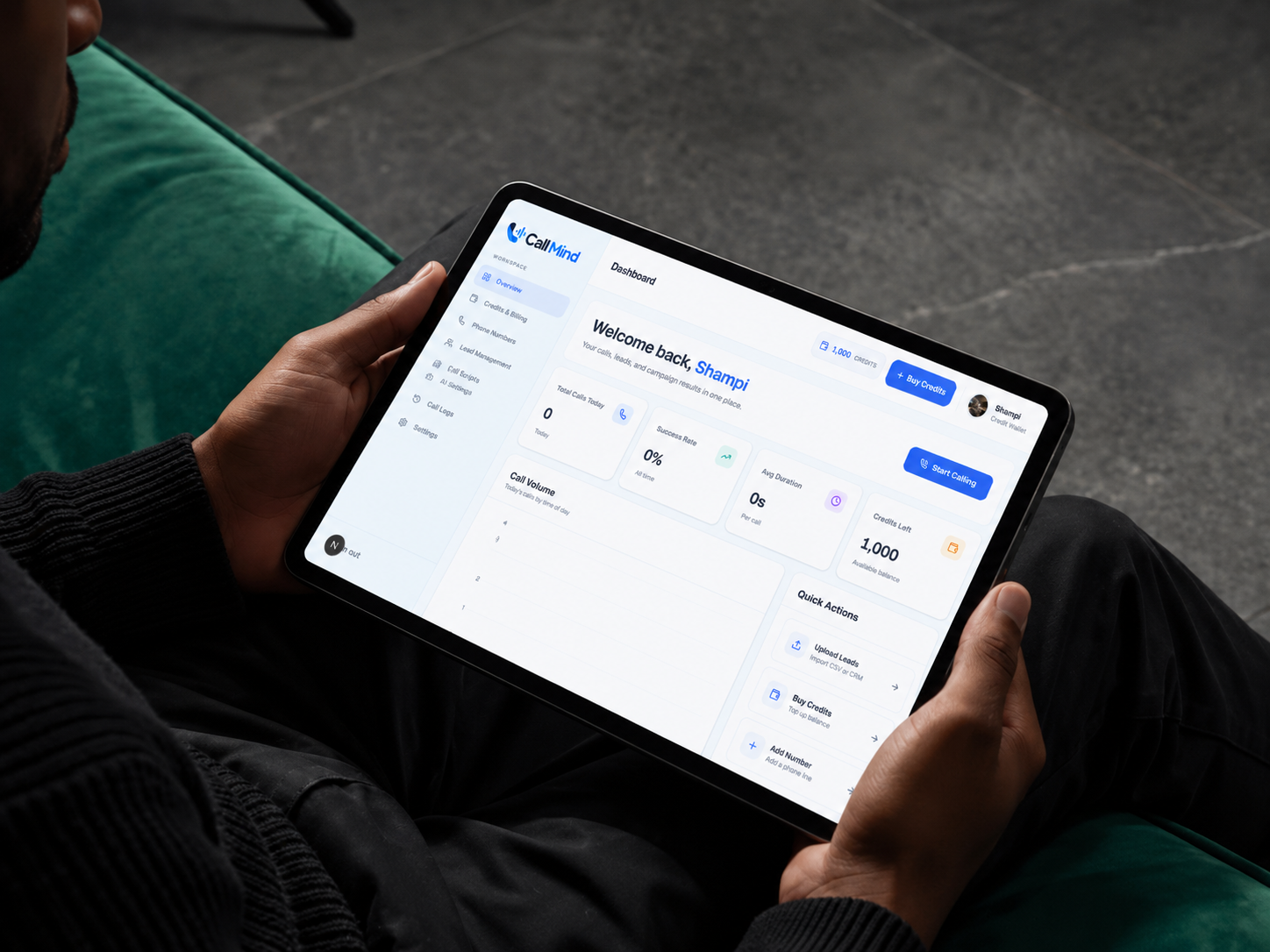 CallMind AI dashboard displayed on a tablet