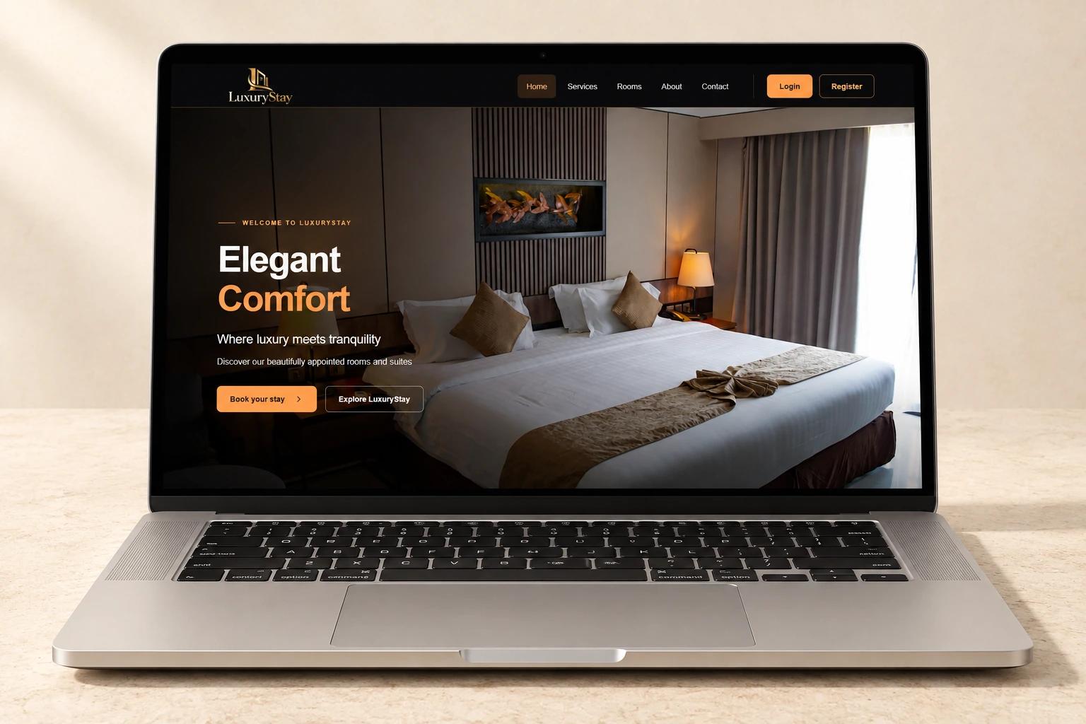 LuxuryStay hotel homepage displayed on a realistic silver laptop