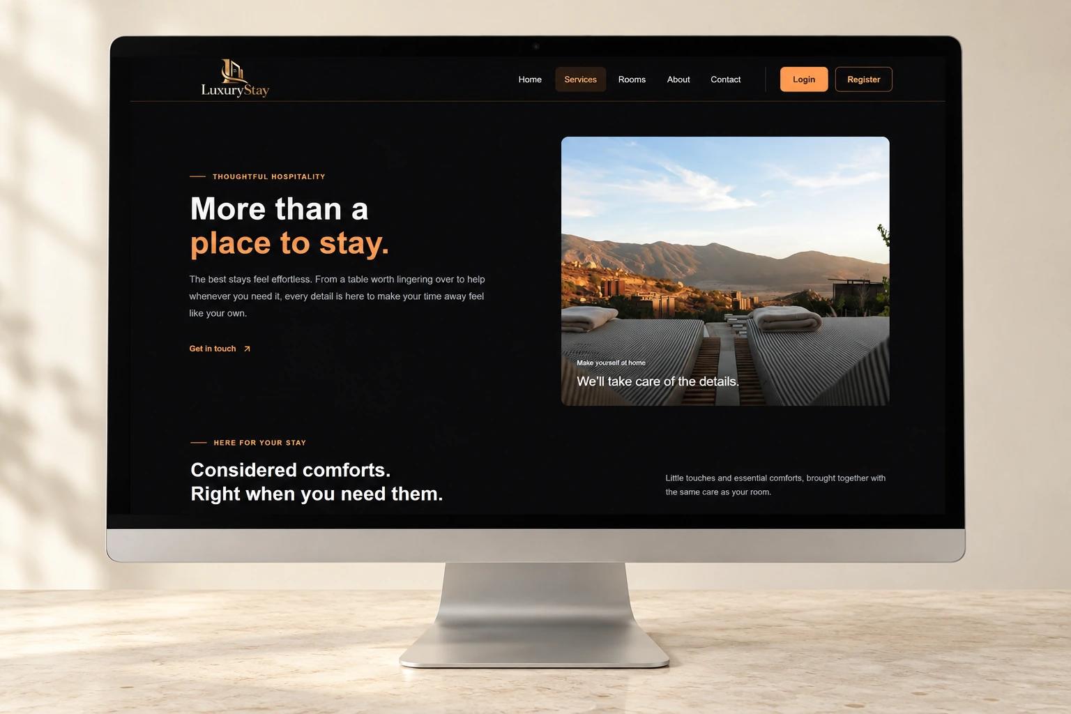 LuxuryStay hospitality services in a desktop monitor mockup