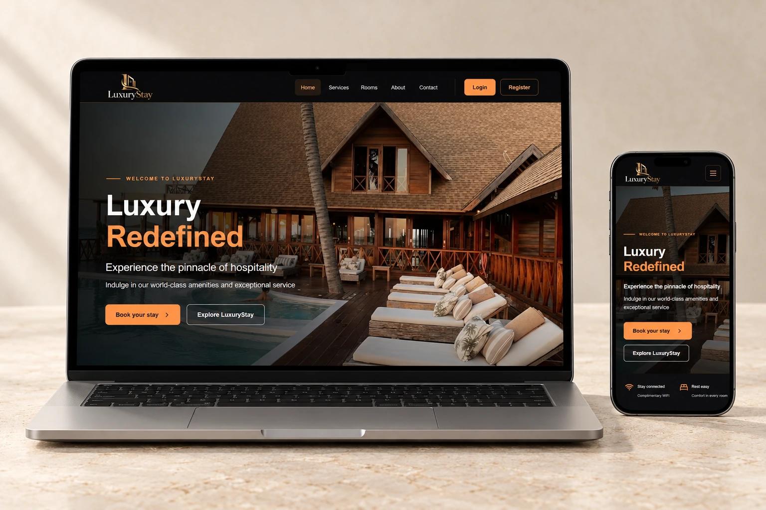 LuxuryStay website displayed across a silver laptop and graphite smartphone