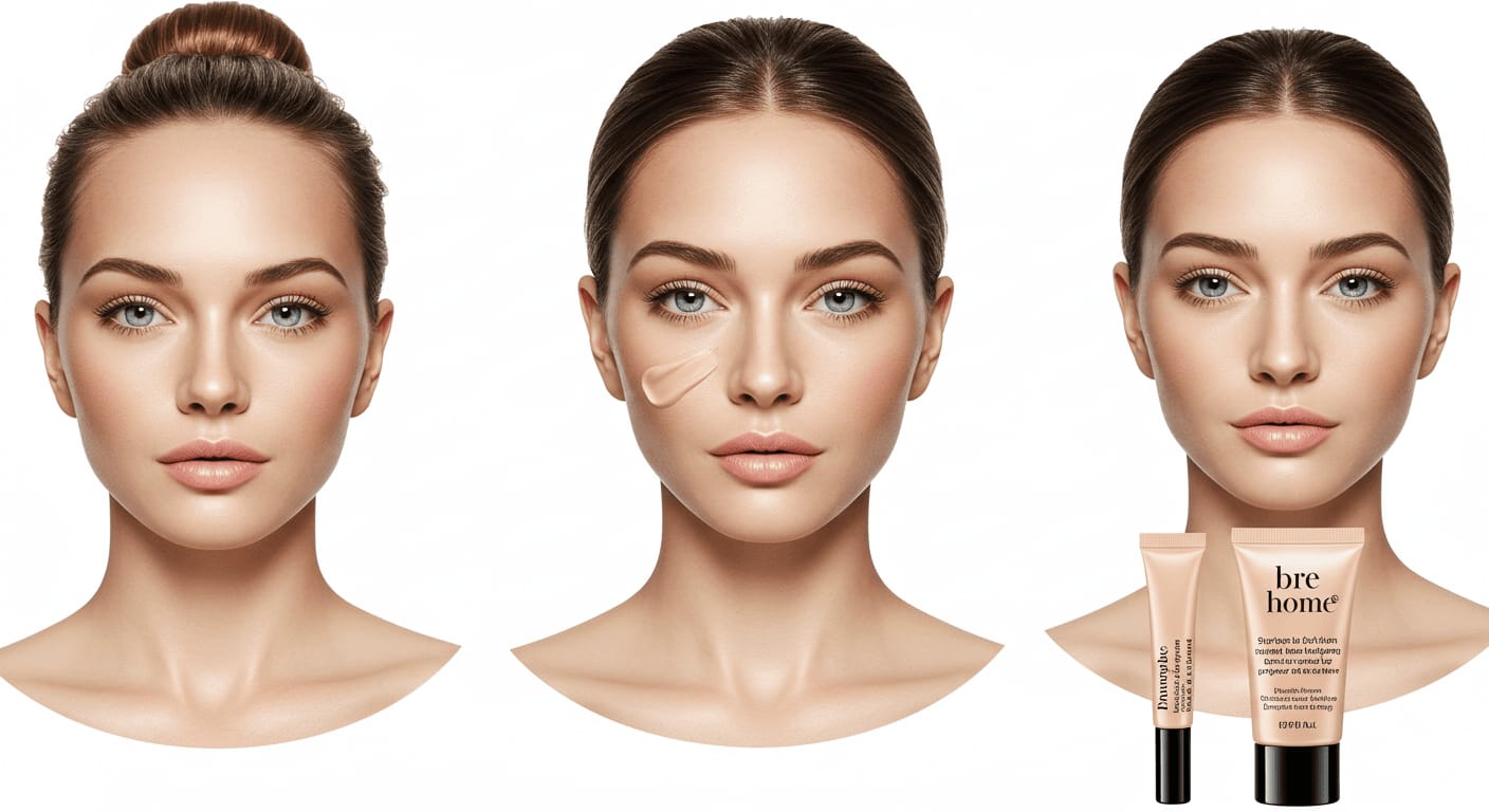 Step-by-step visual guide showing foundation application techniques for menopausal skin including primer application and blending methods