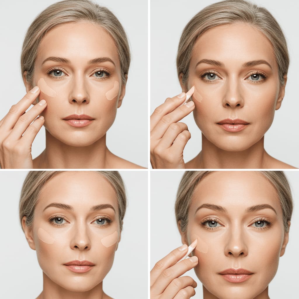 Visual guide showing different color correctors and their uses for mature skin concerns including age spots, rosacea, and under-eye circles