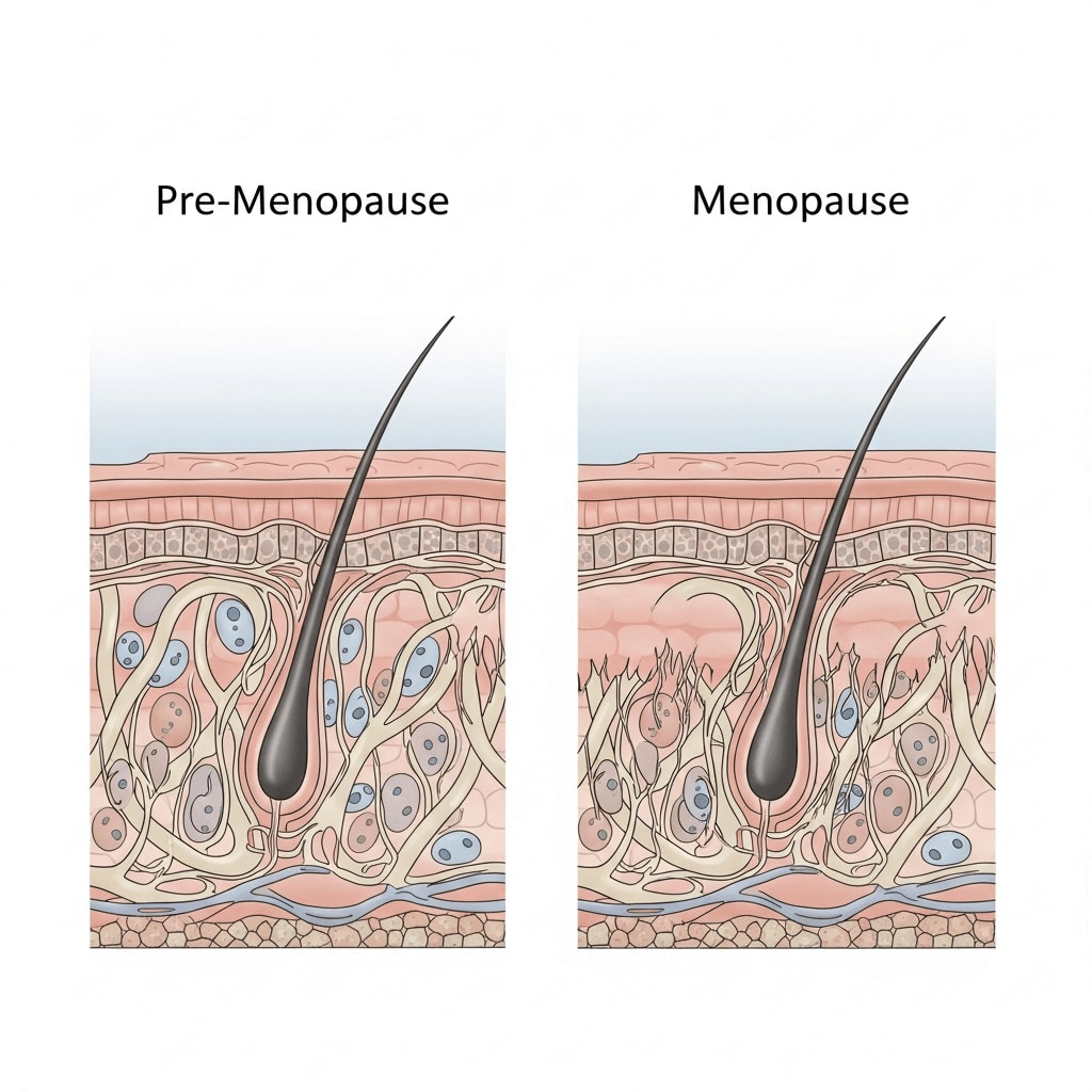 Diagram comparing pre-menopause and menopause skin layers