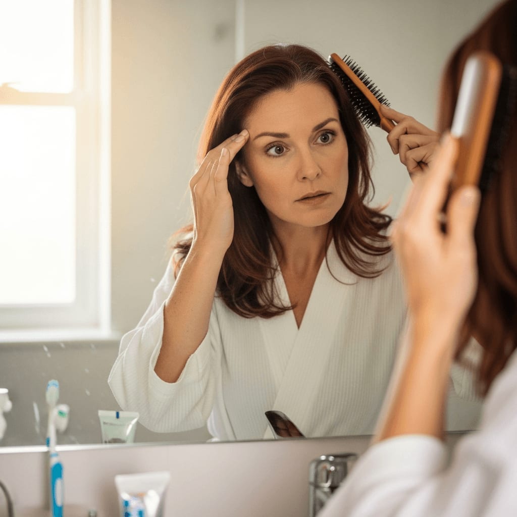 Perimenopausal woman noticing early hair thinning signs.