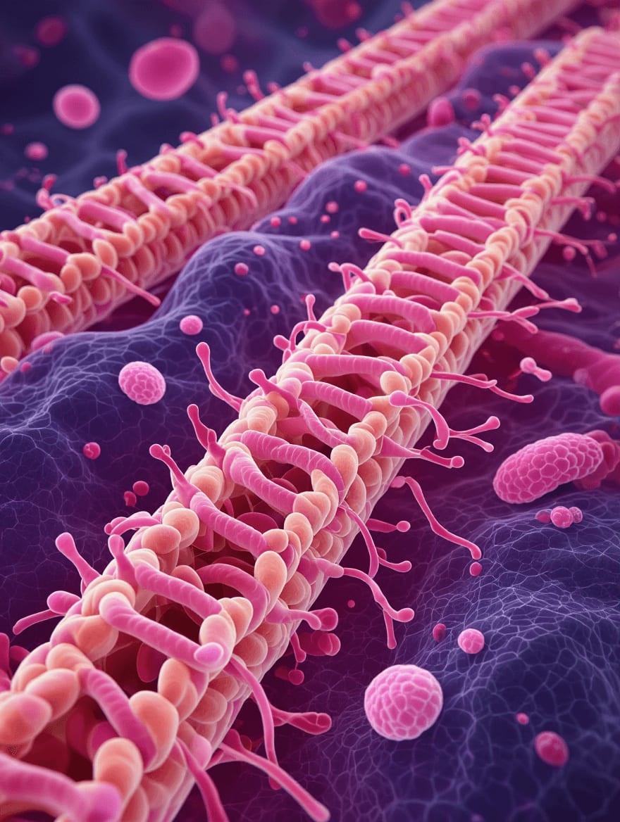 Microscopic medical illustration of healthy collagen fiber structure within the dermis