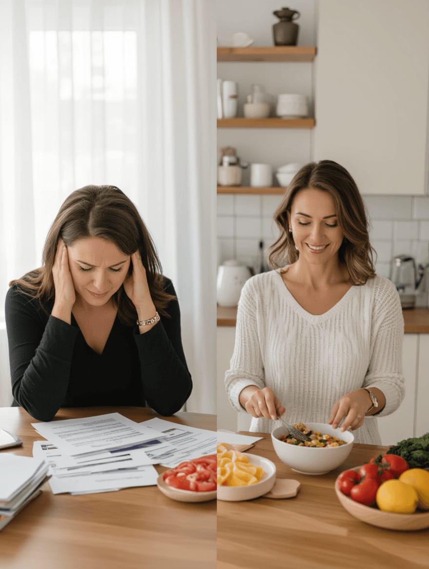 Split image showing a stressed woman at a desk contrasted with the same woman calm and energized while preparing healthy food