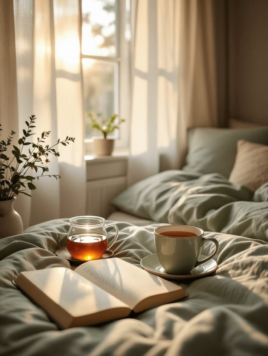 Peaceful morning routine setup with journal and tea representing intentional practices for managing perimenopause sleep disturbances