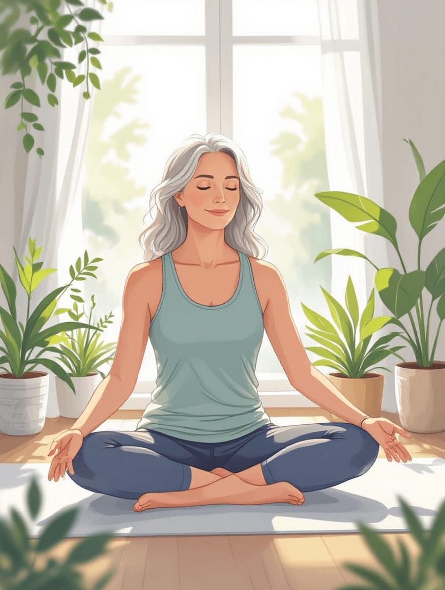 Woman practicing gentle movement exercises for menopause-related back and hip pain relief