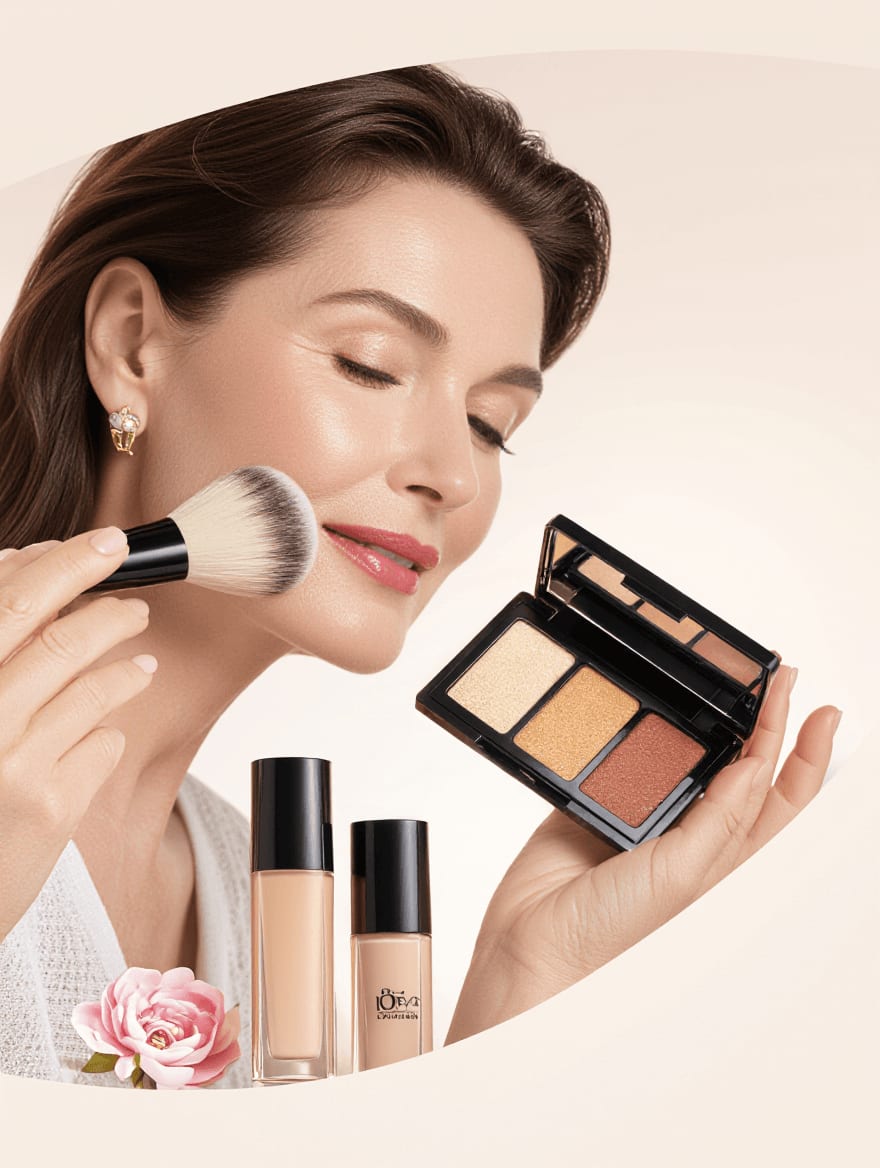 Mature woman applying vegan foundation showing natural glowing results
