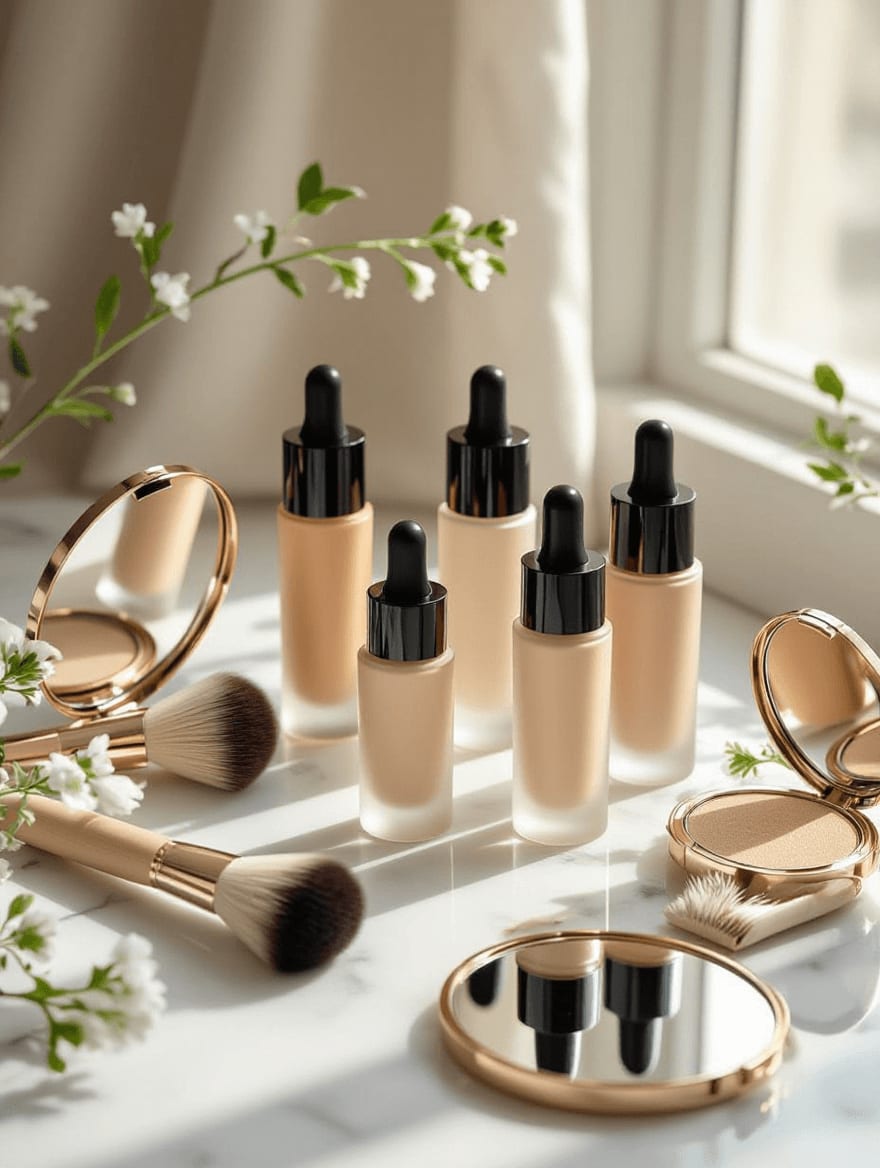 Clean beauty foundation products with natural applicators and botanical ingredients