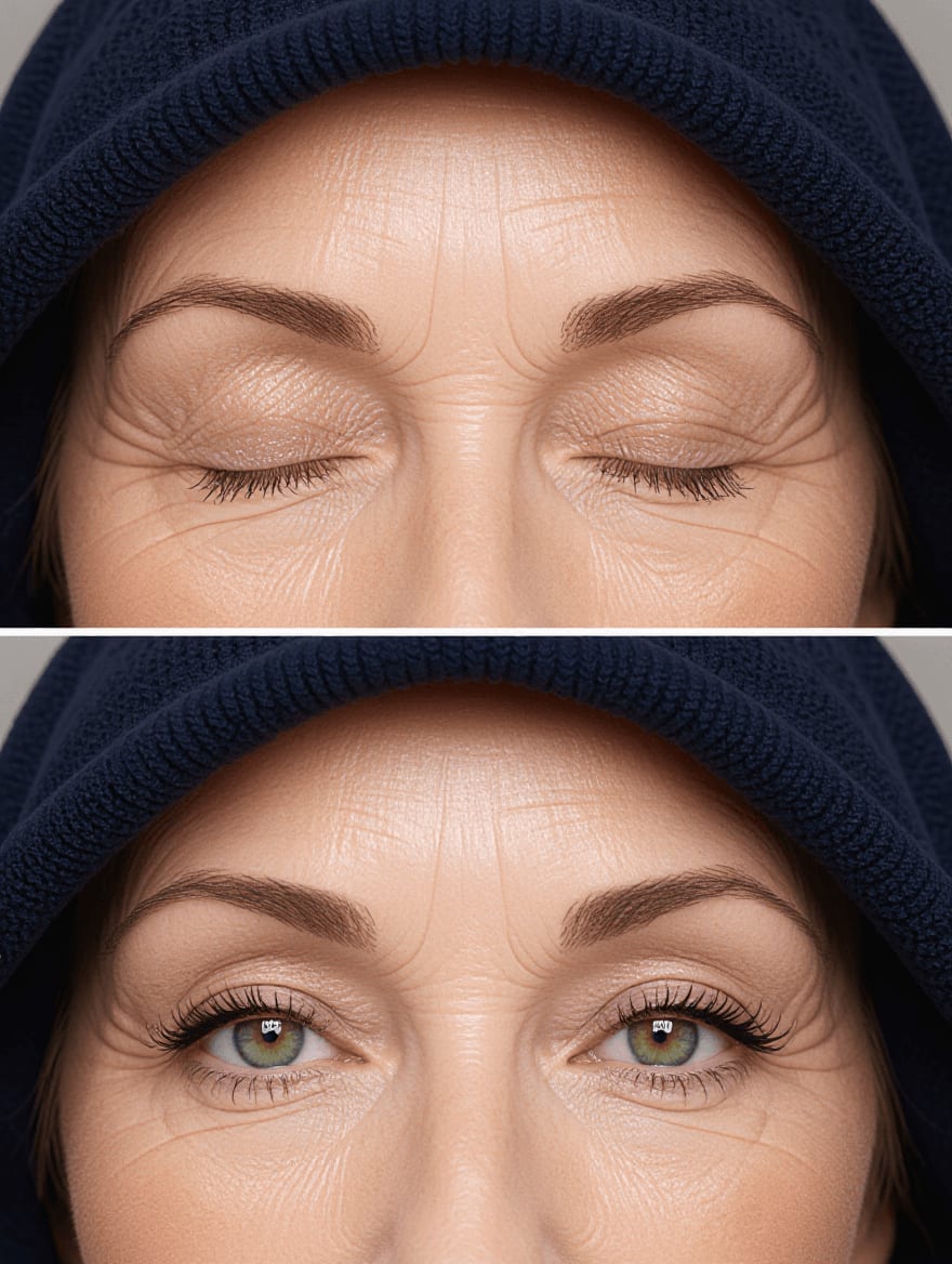 Comparison of eyeshadow placement on mature hooded eyes showing color visibility with eyes open versus closed