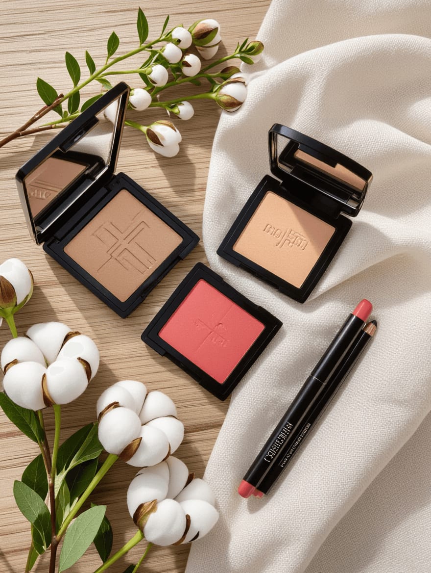 Complete clean makeup routine essentials for mature skin showing foundation, blush, lipstick and brow products
