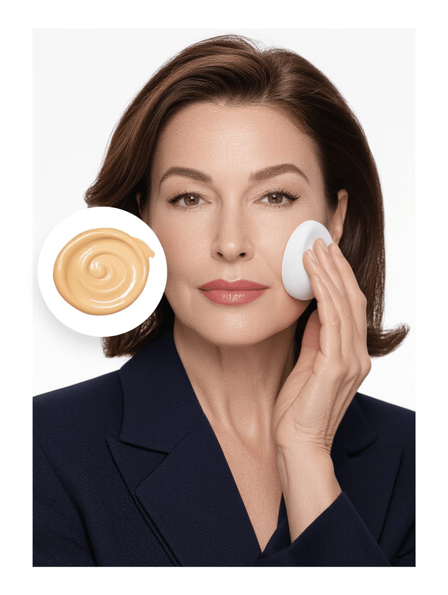Damp beauty sponge technique for applying cream foundation to mature skin