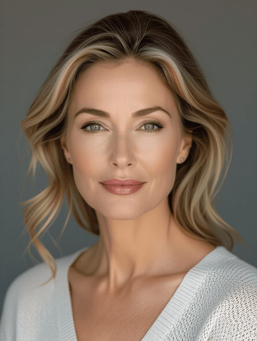 Mature woman demonstrating age-appropriate beauty with natural glowing skin and strategic makeup enhancement