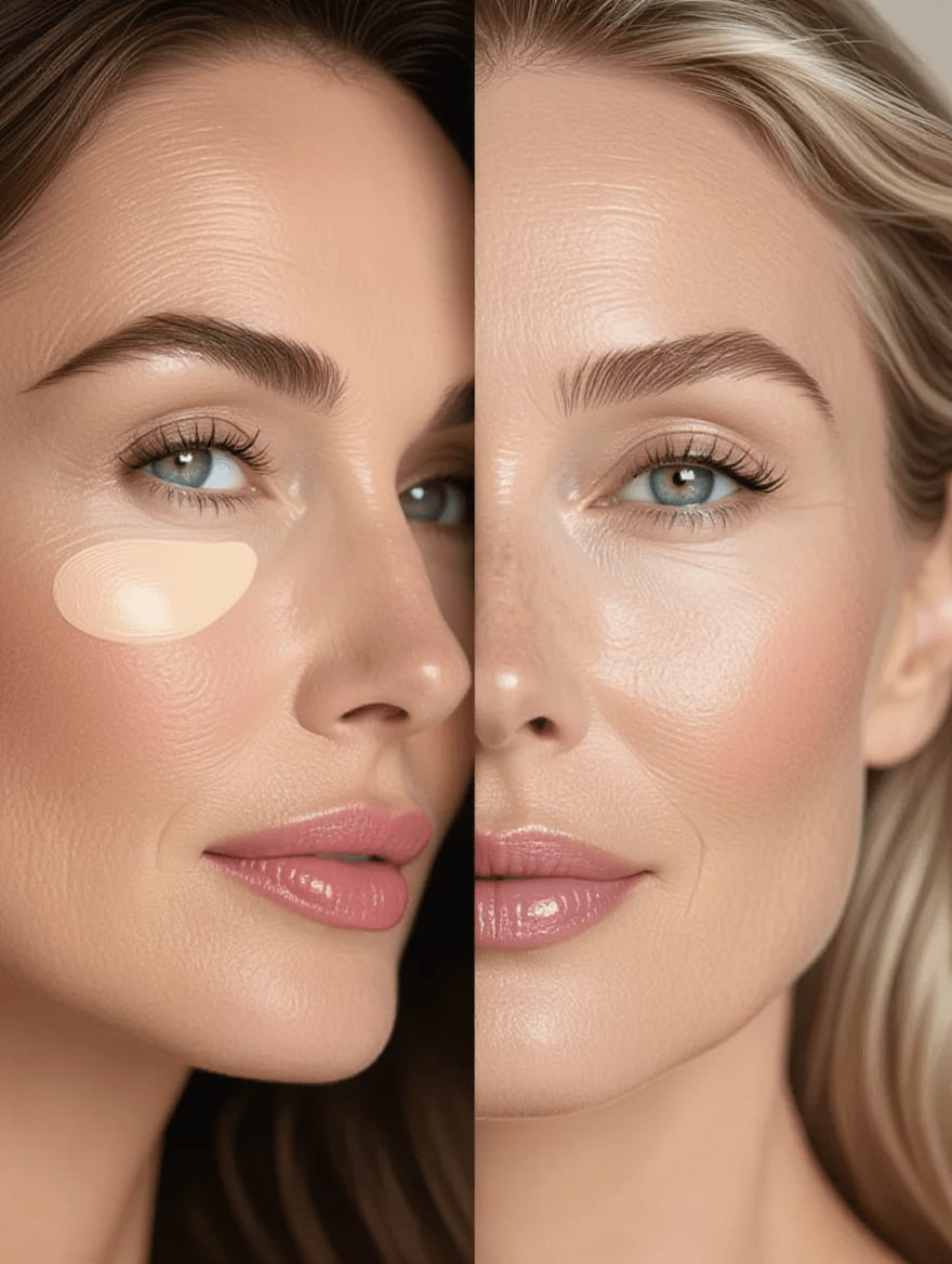 Comparison of obvious versus natural-looking concealer on mature skin
