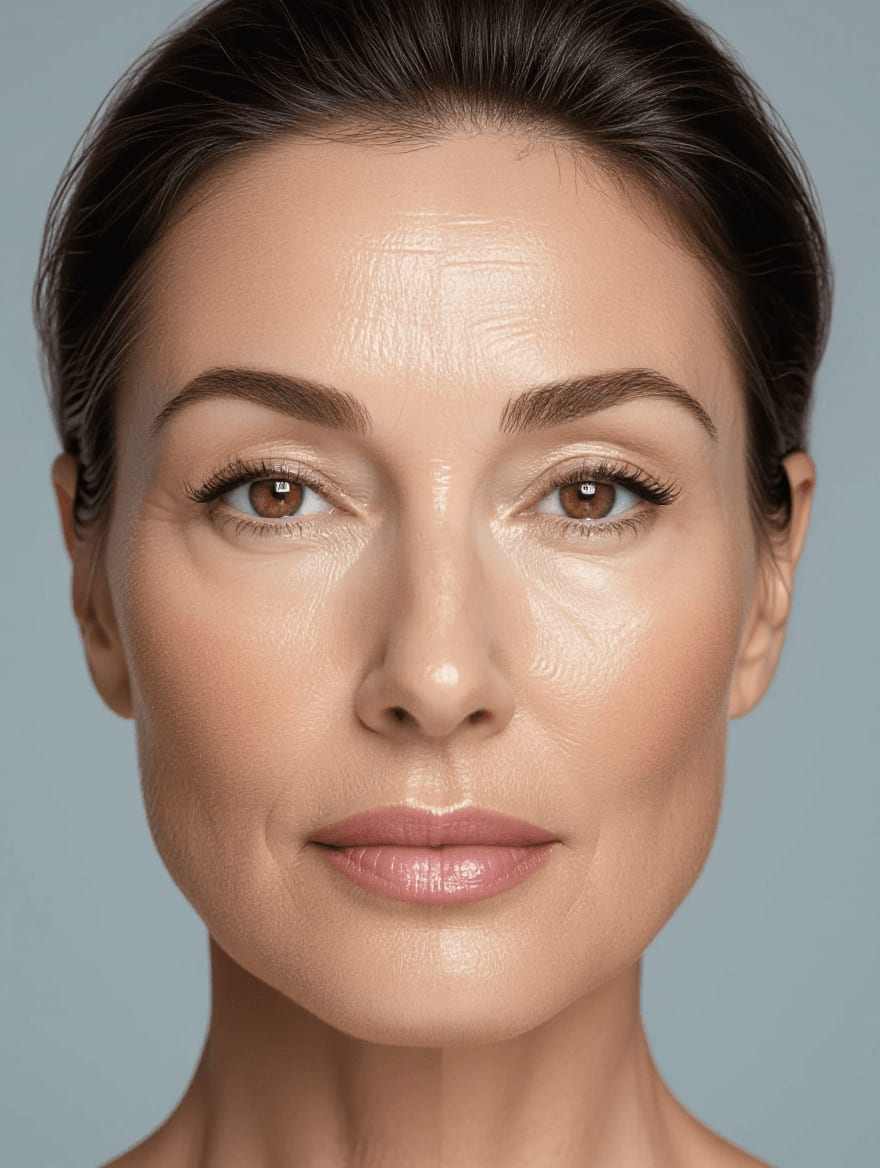 Comparison of overly matte versus balanced concealer application on oily mature skin
