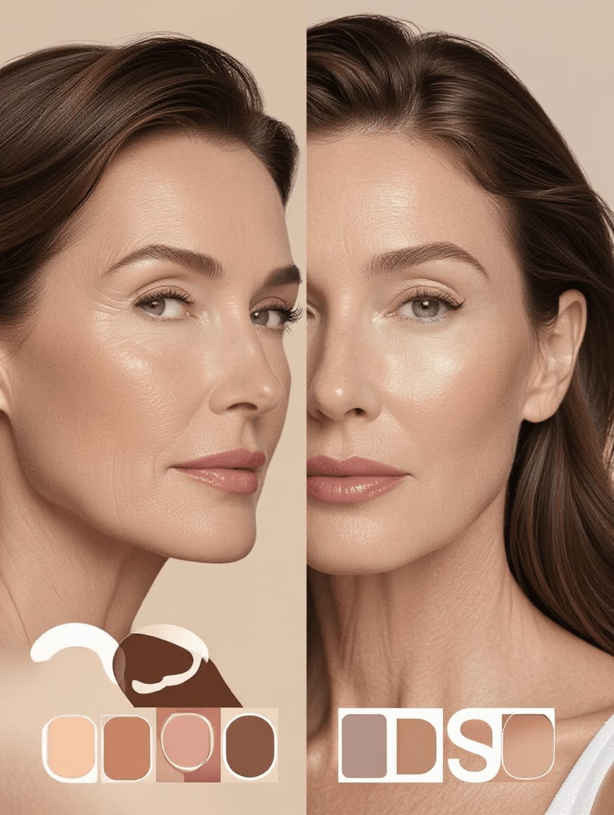 Comparison showing how color changing foundation reacts unevenly on mature skin with varying pH levels
